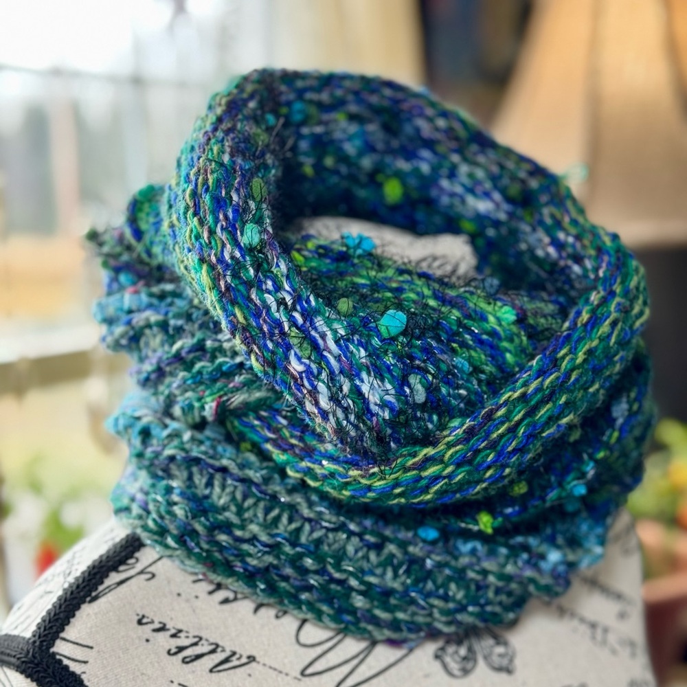 Premium Wool Infinity Scarf —Witchy Ocean Blues•4-Strand Hand Knit•One-of-a-Kind - Picture 5 of 17